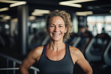 Fototapeta premium Smiling portrait of a middle aged slightly overweight woman in gym