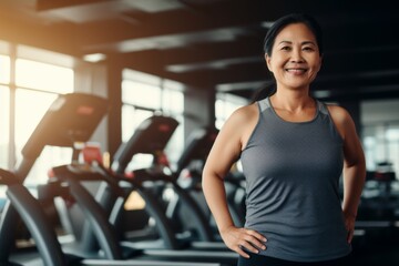 Fototapeta premium Smiling portrait of a middle aged slightly overweight woman in gym