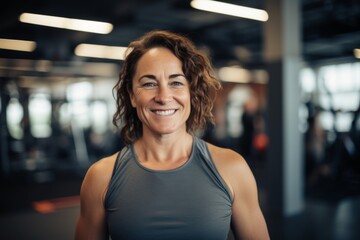 Fototapeta premium Smiling portrait of a middle aged slightly overweight woman in gym