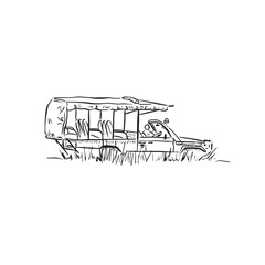 A safari trick in grass. Black and white illustration, vehicle, car, doodle.