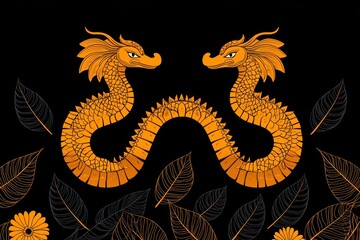 Obraz premium Majestic double dragon design fantasy realm digital art dark background creative perspective symbol of power and balance