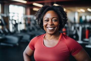 Naklejka premium Smiling portrait of a middle aged slightly overweight woman in gym