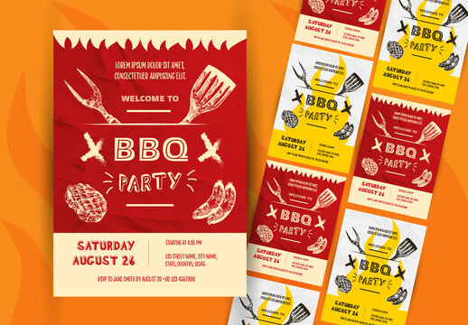 Red and Yellow Illustrative BBQ Party Grill Invitation