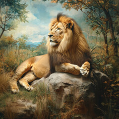 Obraz premium Majestic Lion Resting on Rock Surrounded by Lush Wilderness and Autumn Foliage in a Serene Natural Habitat Setting