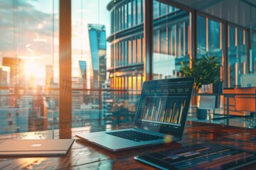 Documents showing key business metrics with laptop in office