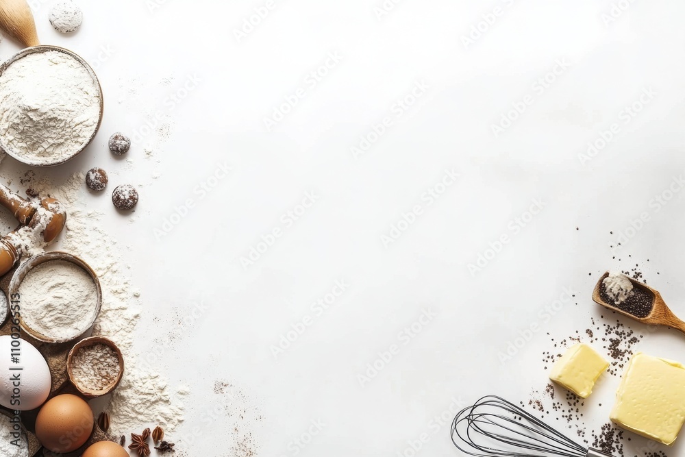 Poster flour, eggs, butter, and a whisk are neatly organized on a white background, leaving room for additi