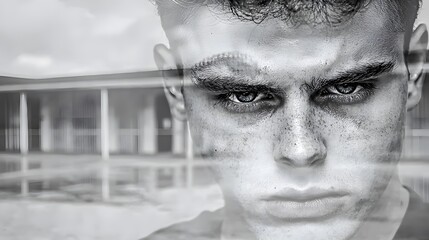 Obraz premium A double exposure image showing a close-up of a man’s face, overlaid with a prison courtyard. His expression of frustration and sadness is intertwined with the limited space of the courtyard, 