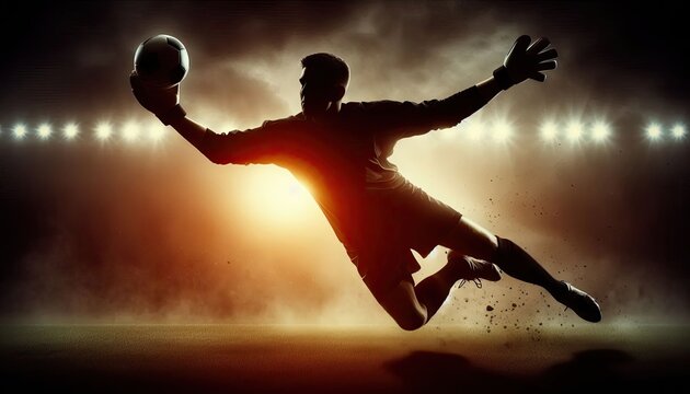 A soccer goalie making a save, silhouette, action photography, aesthetics,