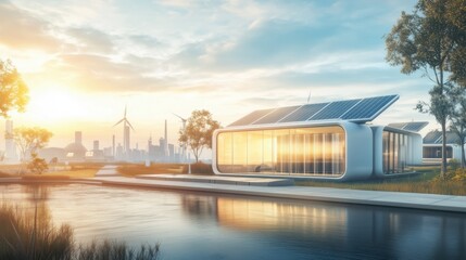 Obraz premium Modern sustainable homes beside tranquil water with wind turbines against a sunrise backdrop in an urban landscape