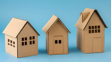Three cardboard houses of varying sizes against a light blue background.