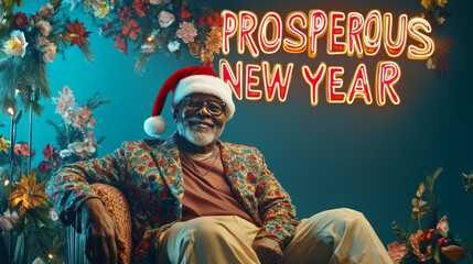 Obraz premium PROSPEROUS NEW YEAR Cards: African American senior male in a Santa hat sitting on Cute Neon Background Studio Shot