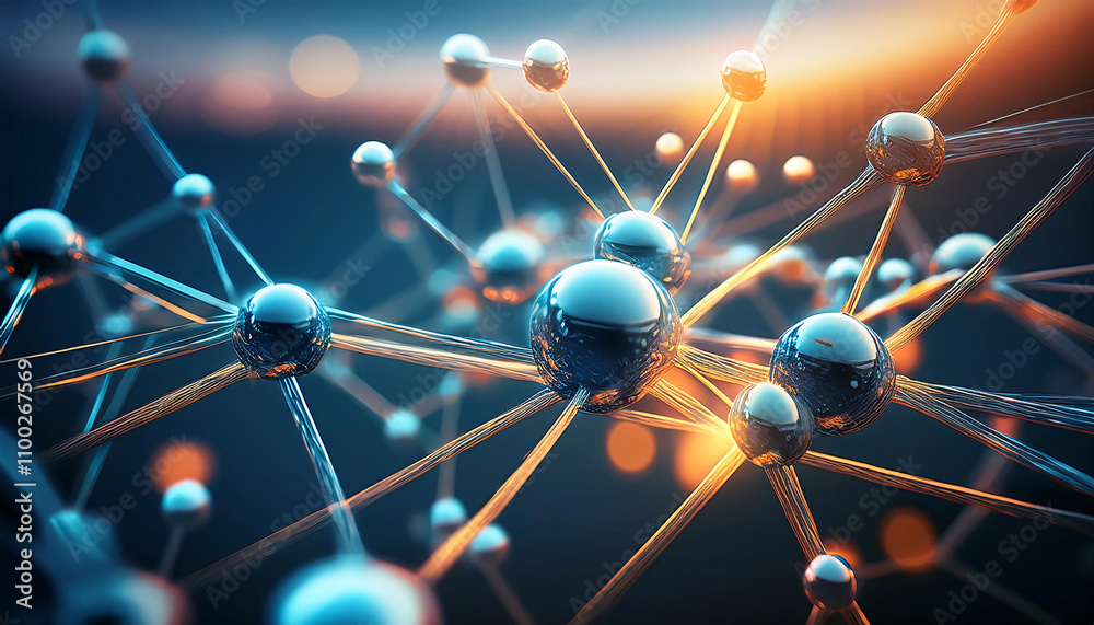 Poster A complex network of interconnected spheres and lines, representing a neural network or a molecule. Generative AI.