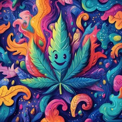 Happy Cannabis Leaf in Vibrant Abstract Floral Design