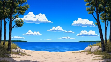 Scenic Beach View with Clear Blue Sky, Soft Clouds, Lush Green Trees, and Calm Water in a Tranquil Natural Setting Perfect for Relaxation and Inspiration