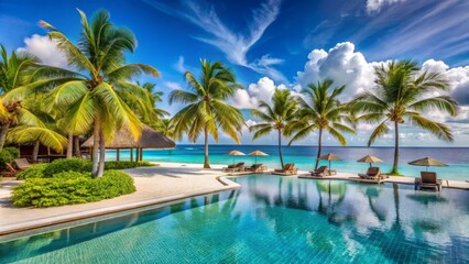 Naklejka premium Tropical Paradise Poolside Tranquility with Palm Trees and Azure Waters, poolside , tropical , vacation , paradise