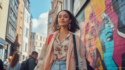 Naklejka premium Young woman walking through a vibrant urban street with colorful graffiti. Stylish outfit and confident expression.
