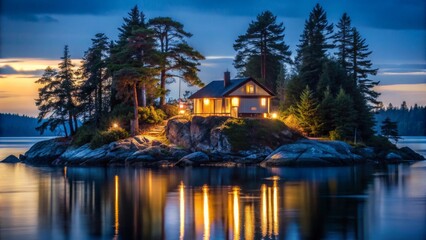 Fototapeta premium Luminous Cabin on a Secluded Island at Dusk, Landscape Photography, Cabin on a lake, Forest Landscape, Night Photography