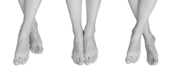 Set of grayscale bare female feet in various positions, including crossed and stretching. Smooth, soft toes and skin emphasizing feminine beauty, health, and skincare. Perfect for