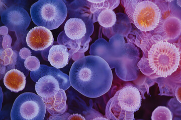 Microscopic Purple and Orange Bio-Structures: Abstract Cellular Forms