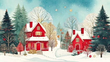 Fototapeta premium Snow-covered houses surrounded by trees. Winter or Christmas illustration, background.