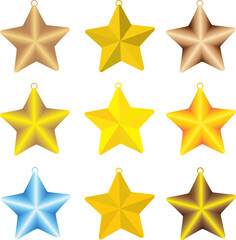 set of gold stars for Christmas ornament Christmas  tree decoration set vector illustration. 3d golden star decoration in deco style, decorative traditional shiny design for Xmas