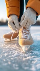 Woman with Gloved Hands Tying Skate Laces on Ice in Winter Day