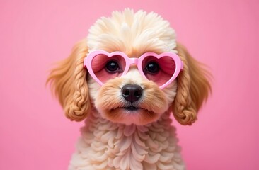 Cute dog in rose-colored heart-shaped sunglasses. A small poodle on a pink background. Funny puppy for an advertising poster. A postcard for Valentine's Day, the holiday of all lovers