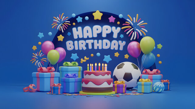 The blue background features gift boxes, a birthday cake with lit candles, colorful balloons, stars, a soccer ball, fireworks, confetti and the inscription &ldquo;Happy Birthday Borja&rdquo; in Comic Sans font.
