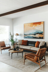 A bold midcentury modern living room with vibrant upholstery, natural textures, and sunlight pouring through the windows