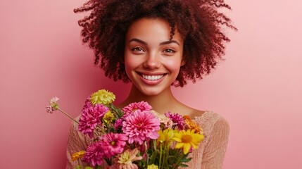 Fototapeta premium cheerful woman with a vibrant flower arrangement in her hands, surrounded by soft pink tones generative ai
