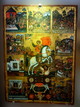 St. George the Dragonslayer (1760) Orthodox icon at Ecclesiastical Museum Agia Ekaterini, Crete, Greece