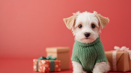 Joyful Puppy in a Green Sweater Surrounded by Holiday Gifts