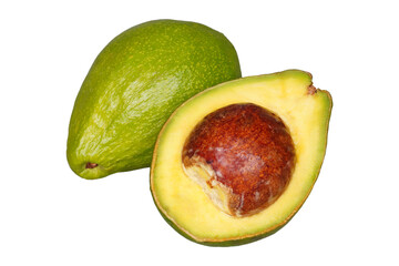 A ripe green avocado and a halved one isolated transparent