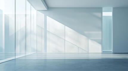 Obraz premium A minimalist interior space with expansive glass walls, soft natural light creating gentle shadows on the sleek floor.