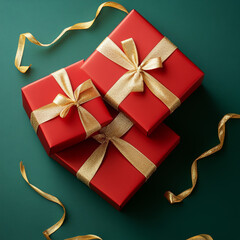 Elegant red gift boxes with gold ribbons on a festive green background, perfect for holiday or special occasion gifting.