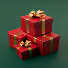 Obraz premium Elegant red gift boxes with gold ribbons on a festive green background, perfect for holiday or special occasion gifting.