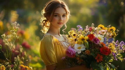 Naklejka premium Pretty woman in a garden, holding an overflowing bouquet of assorted flowers generative ai