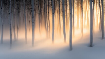 Obraz premium Nebelverhangener Winterwald mit warmem Sonnenlicht