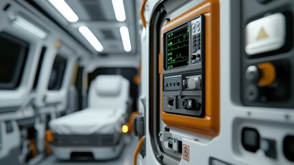 A modern, high-tech medical bay featuring advanced equipment and a patient bed, illuminated by sleek overhead lights.