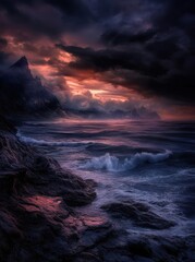 Fototapeta premium A breathtaking coastal scene unfolds at twilight, where dramatic rock formations meet turbulent waves, illuminated by a stunning sunset sky filled with vibrant colors.
