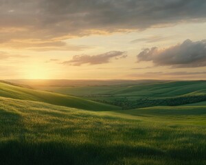 Naklejka premium A serene landscape featuring rolling green hills illuminated by a vibrant sunset. The warm hues blend beautifully with the lush greenery, creating a peaceful atmosphere perfect for reflection.