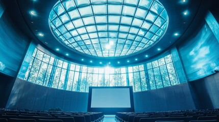 Naklejka premium A modern auditorium with a high, illuminated ceiling, large screen, and rows of seats, creating a spacious and inviting atmosphere for presentations or screenings.