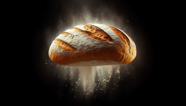 Ai generative, Professional Photograph of Bread Loaf Floating in Darkness