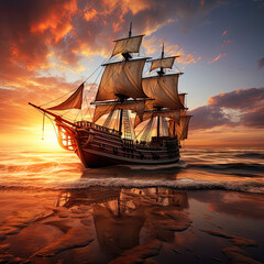 Obraz premium Ultra realistic old caravel on the ocean