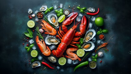 AI generative, Seafood Symphony A Culinary Showcase on a Dark Canvas