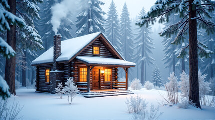 Cozy wooden cabin surrounded by snow-covered trees during winter evening in a peaceful forest setting