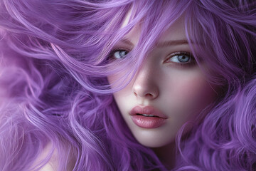 Fototapeta premium An ethereal woman portrait, flowing purple hair.