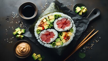 Ai generative, Top-Down View of a Sliced Sushi Burrito with Tuna, Avocado, and Cucumber