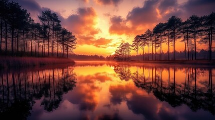 Fototapeta premium Glühender Sonnenuntergang über ruhigem See