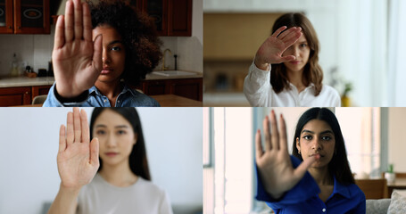 Four attractive serious multiethnic young women showing stop gesture to camera, females against...